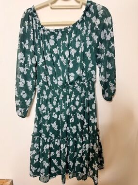 Green Floral Long Sleeve Tiered Dress